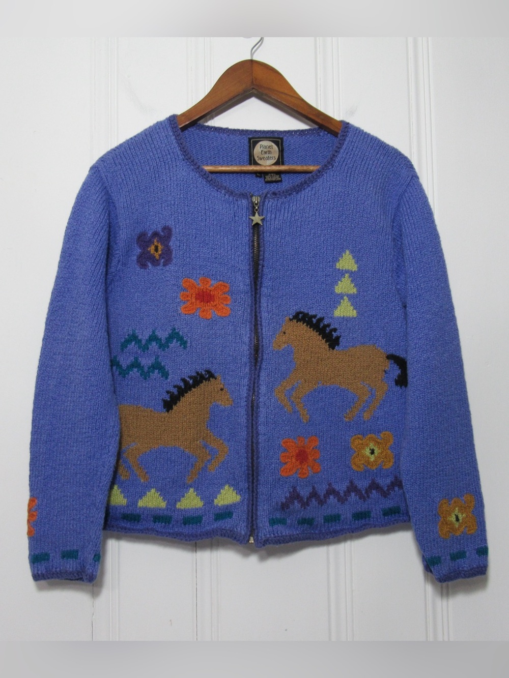 Planet Earth Sweaters Floral and Horses Knit Zip Cardigan Hand Loomed in Peru M